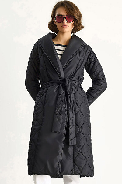 MissThetis Şal Yaka Uzun Kol Su Yolu Desen Cepli Kuşaklı Astarlı Şık ve Cool ...