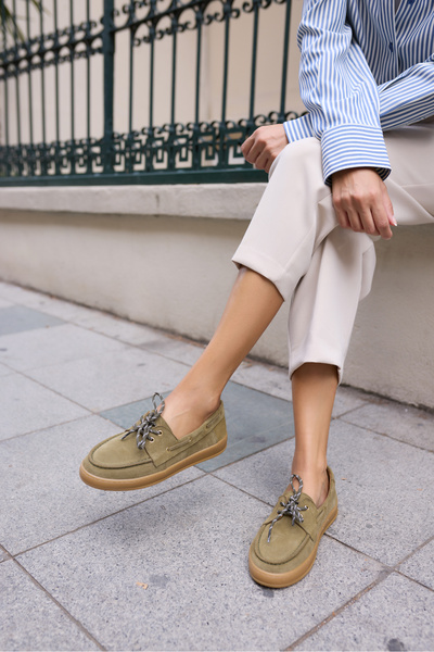 ANGELİNA JONES Candela Women's Khaki Green Real Suede Lace-Up Detail Shoes