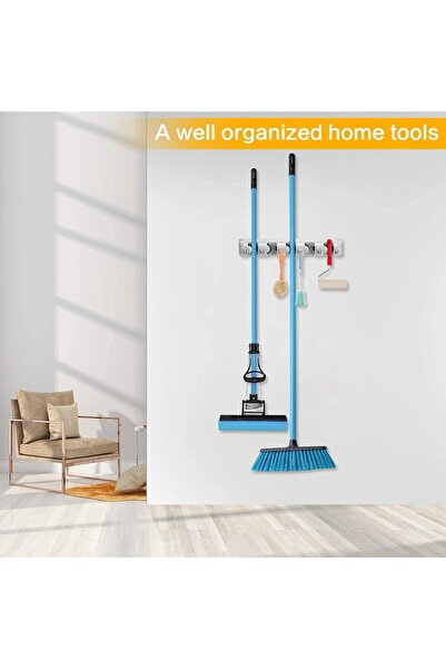 Generic Mop and Broom Holder Wall Mount 5 Position & 6 Hooks – Space Saving Cleaning Tool Organizer for Ki