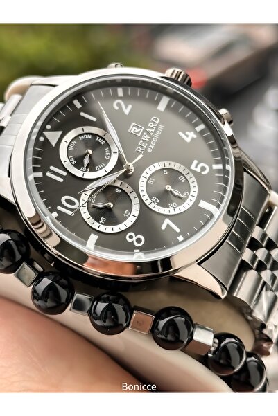 Reward Men's Functional Wristwatch, Certified, Guaranteed, Grey - Silver Steel Band Bracelet
