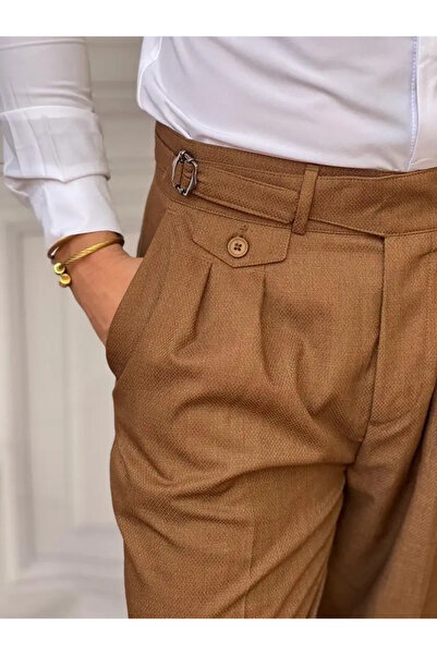 MODEFENDİ Kuşak Toka Detaylı Kuş Gözü Desen Pileli Pantolon