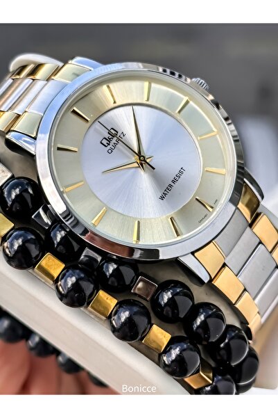 Q&Q ساعة يد رجالية، سوار فولاذي أصفر فضي، مقاومة للماء حتى 5 ضغط جوي، مع سوار...