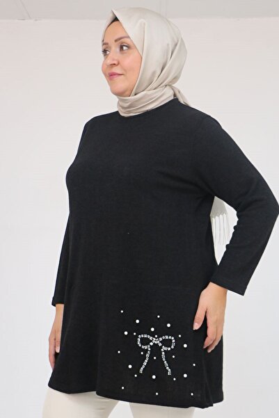 Eslina 58111 Büyük Beden Önü Taş Detaylı Mir Tunik - Siyah