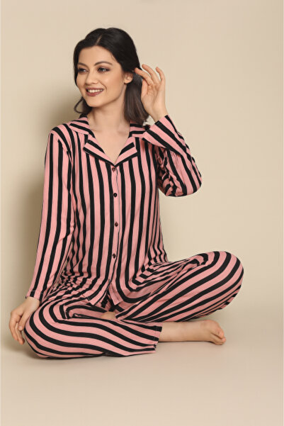 Sude Pijamale pentru femei cu nasturi, roz cu dungi negre