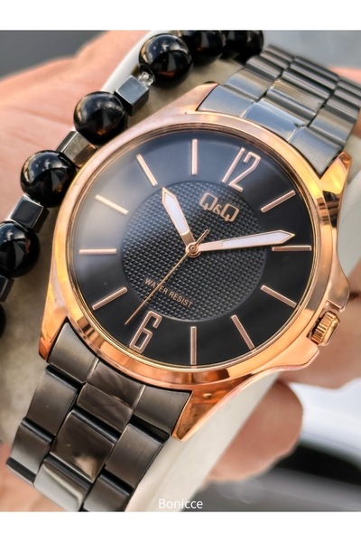 Q&Q Men's Wristwatch, Black Rose Steel Band, 5 Atm Water Resistant, with Brac...