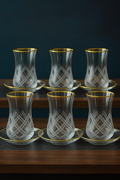 sigmaglas Thin Waist 6 Person 12 Piece Gilt Tea Set