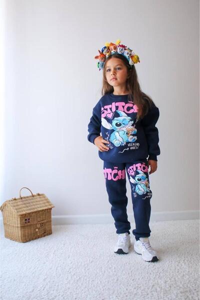 Aselin Kids طقم رياضي بنمط ستيتش باللون الأزرق للفتيات، طقم علوي وسفلي