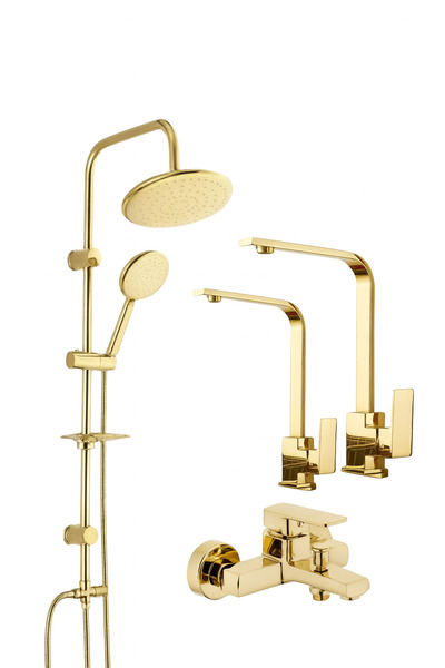 SUVİA Gold Yuvarlak Robot Duş Seti 4’lü | Kare Banyo & Mutfak Eviye Lavabo Bataryası Musluk Takımı