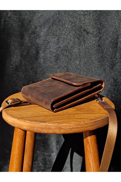 MAT Deri Genuine Leather Phone Bag Crossbody Bag with Shoulder Strap Small Bag with Card Wallet Compartment Brown
