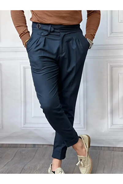 MODEFENDİ Kuşak Toka Detaylı Kuş Gözü Desen Pileli Pantolon