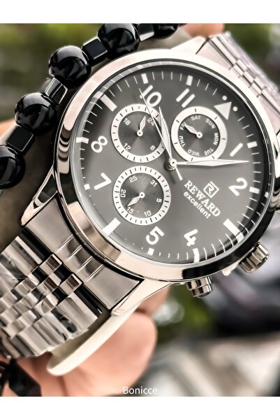 Reward Men's Functional Wristwatch, Certified, Guaranteed, Grey - Silver Steel Band Bracelet