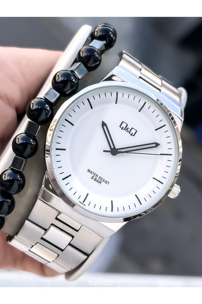 Q&Q Men's Wristwatch, Silver Steel Band, 5 Atm Water Resistant, Simple Model with Bracelet Gift