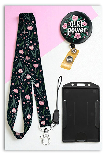 Mia Aurora Pembe Laleler 3 lü Set Boyun Askı İpi Pembe Lale Yoyo Dikey Kartlık