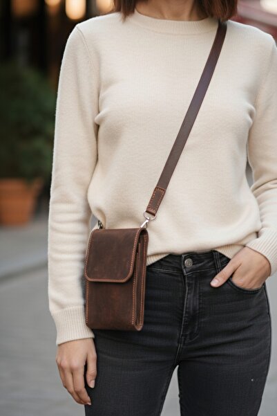 MAT Deri Genuine Leather Phone Bag Crossbody Bag with Shoulder Strap Small Bag with Card Wallet Compartment Brown