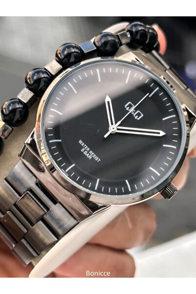 Q&Q Men's Wristwatch, Black Steel Band, 5 Atm Water Resistant, Simple Model Bracelet