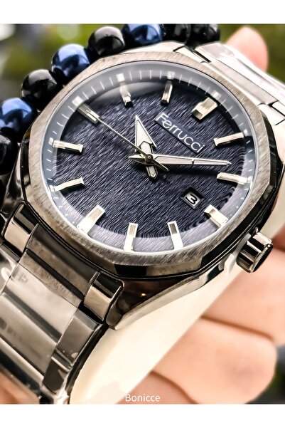 Ferrucci Men's Calendar Watch, Navy Blue Smoked Steel Band, Bracelet Gift