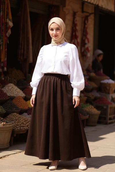 Imoda Women's Brown Double Fabric Elastic Waist Pocket Skirt