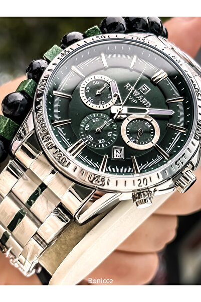 Reward Functions Active Men's Wristwatch,Certified ,Green Silver Steel Band,With Calendar, Bracelet
