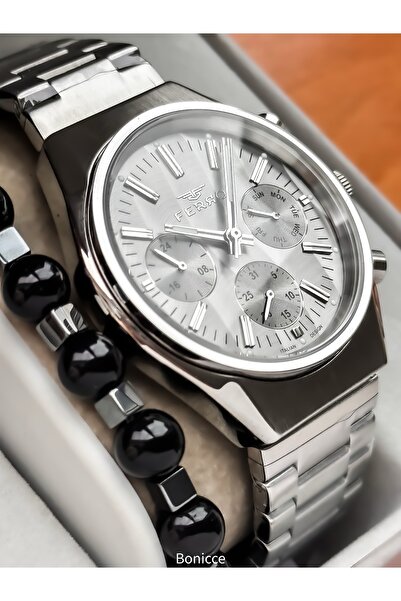 FERRO Functional Men's Wristwatch,Certified,Warranty, Silver Steel Band Double Bracelet