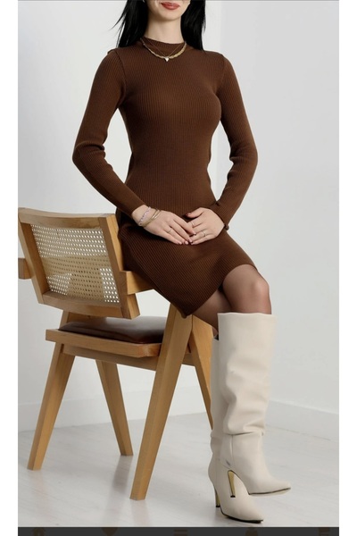 Haydigiy Bisiklet Yaka Triko Elbise - Kahve