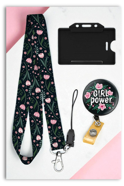 Mia Aurora Pembe Laleler 3 lü Set Boyun Askı İpi Pembe Lale Yoyo Yatay Kartlı...