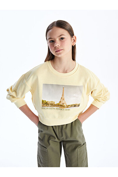 LC Waikiki LCW Kids Sarı Bisiklet Yaka Kız Çocuk Crop Sweatshirt