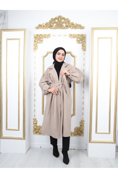 hacer ayaydın Women's Hijab Coat with Gathered Sleeves and Belted\cache Coat