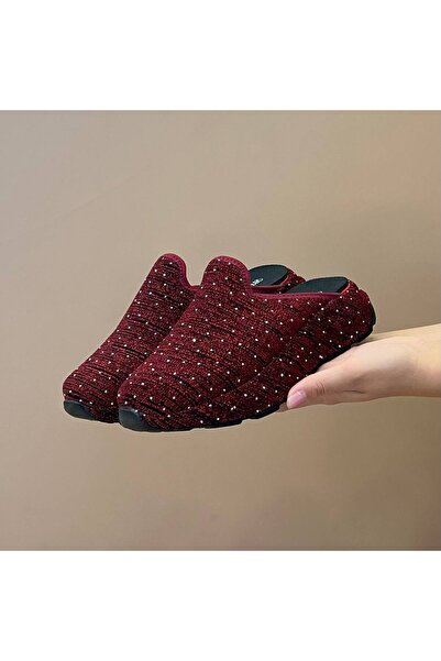 Craftique Burgundy Shiny Stone Detailed Closed Toe Women's Slippers Comfortable Thick Soled Stylish Daily Model