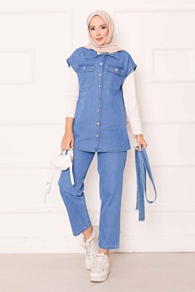 EBRUTESETTÜR Pocket Detailed Mobile Belted Denim Vest Suit