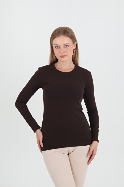 shop بلوزة/بدلة بأكمام طويلة وياقة دائرية بلون بني