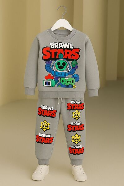 KOKOŞ BEBEK Brawl Stars Gray Children's Tracksuit Set – 3 Thread Cotton - Age 3/10 - 31493