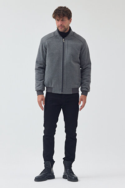 TREND KOMBİN Ανδρικό παλτό με φερμουάρ και καπιτονέ κασετίνα σε γκρι χρώμα