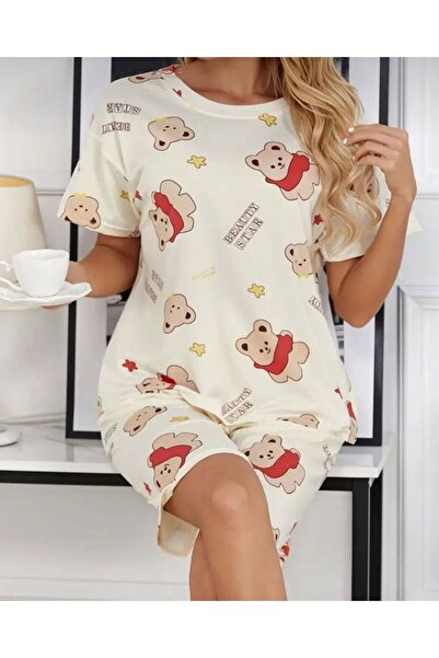 MOR SUBVAY Krem Pamuklu Ayıcık Baskılı Şortlu Pijama Takımı