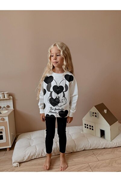 Kids White Sweatshirt Printed Black Leggings Set