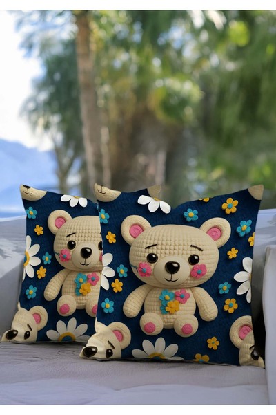 Sakallı Синій милий ведмедик Дитяча кімната Тематичний цифровий друк Декоративний 2-комплектний чохол для подушки