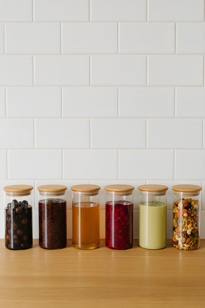 ZURİ DESİGN Airtight Set of 6 Flat Glass Breakfast Vacuum Lid Jars - 850 ml
