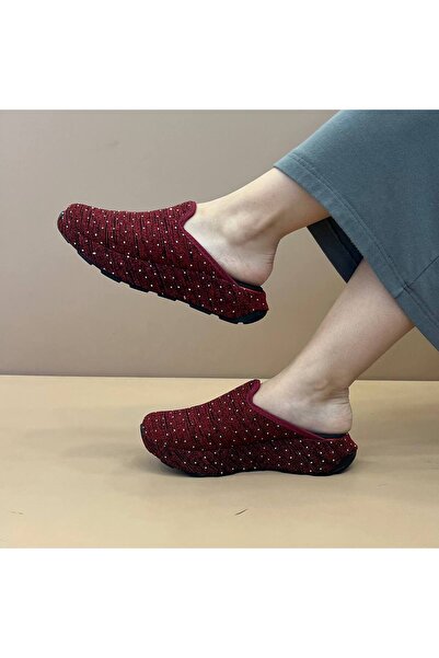 Craftique Burgundy Shiny Stone Detailed Closed Toe Women's Slippers Comfortable Thick Soled Stylish Daily Model