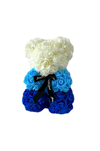 velve Ursulet Floral Teddy Bear Rainbow cu trandafiri din spuma hand-made, 25 cm, in cutie cadou, Albastru