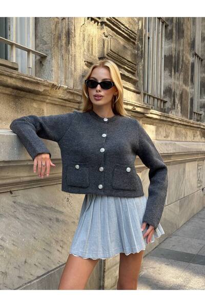 Le Savu Anthracite Color Knitwear Women's Jacket with Silver Button Pocket De...