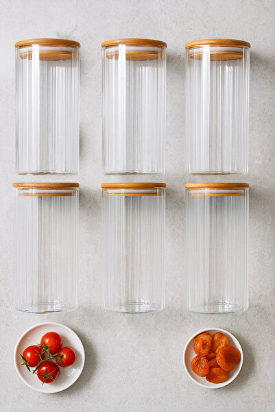 ZURİ DESİGN Airtight 6-Piece Striped Glass Breakfast Vacuum Lid Jar Set - 1095 ml