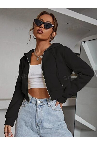 NoVibe Cardigan crop pentru femei cu cu glugă fermoare, cu 3 fire, cu broderi...