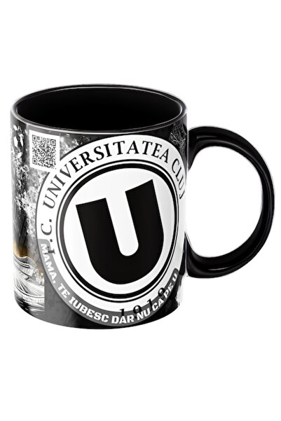 T&M Personalizare Cană personalizată - U Cluj, Fotbal, cu cod QR pentru imn, suporter, neagră, ceramică, 330 ml, v3
