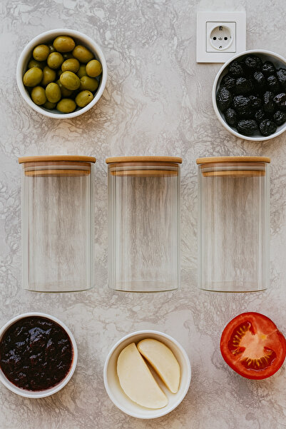 ZURİ DESİGN Airtight 3-Piece Striped Glass Breakfast Vacuum Lid Jar Set - 850 ml