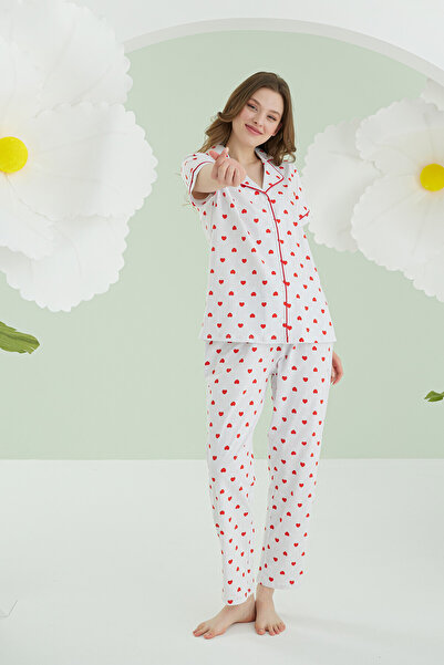 DREAM FASHION Nbb 68162 Ecru Heart Front Buttoned Pajama Set