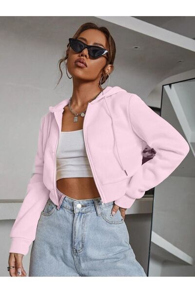 NoVibe Cardigan crop pentru femei cu cu glugă fermoare, cu 3 fire, cu broderi...