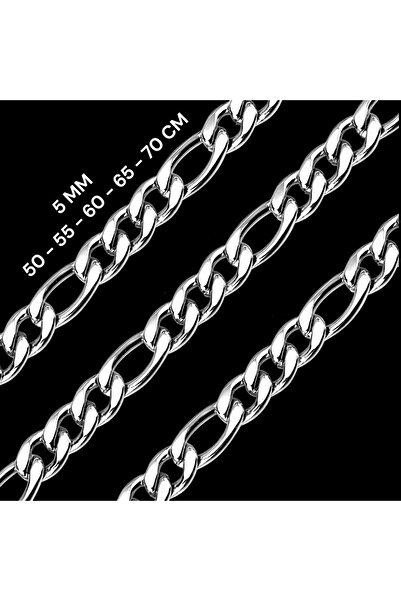 AK STORE SİLVER Gümüş Kaplama 316 L Paslanmaz Çelik Figaro 3+1 Zincir Kolye 5...