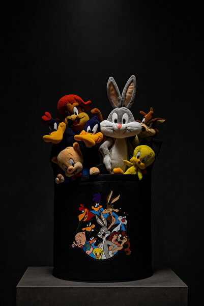 YUNUSOĞLU HOME Felt Toy Basket - Cartoon Patterned, Foldable with Handles, Kids Room Organizer 38X39