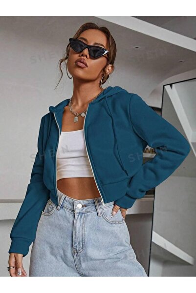 NoVibe Cardigan crop pentru femei cu cu glugă fermoare, cu 3 fire, cu broderi...