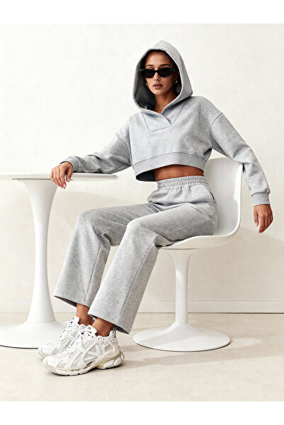 ALİKA Casi̇ Women's Hooded V-Neck Pipe Leg Sweatpants Set