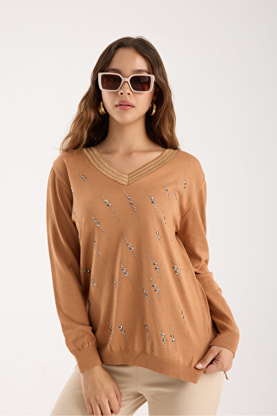 Moda Days Women's Beige Elite Viscose Fabric Stone Detailed Sequin Trim Side Slit V-Neck Knitwear Blouse